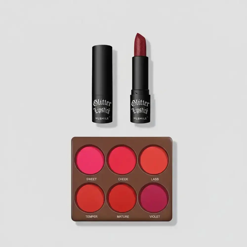 Romantic Flower Blush & Lipstick Bundle, Makeup Combo, 6-Color Matte Blush 18ML, 4g Glitter Lipstick, Waterproof Makeup Set for All Skin Types, Makeup Gift Set