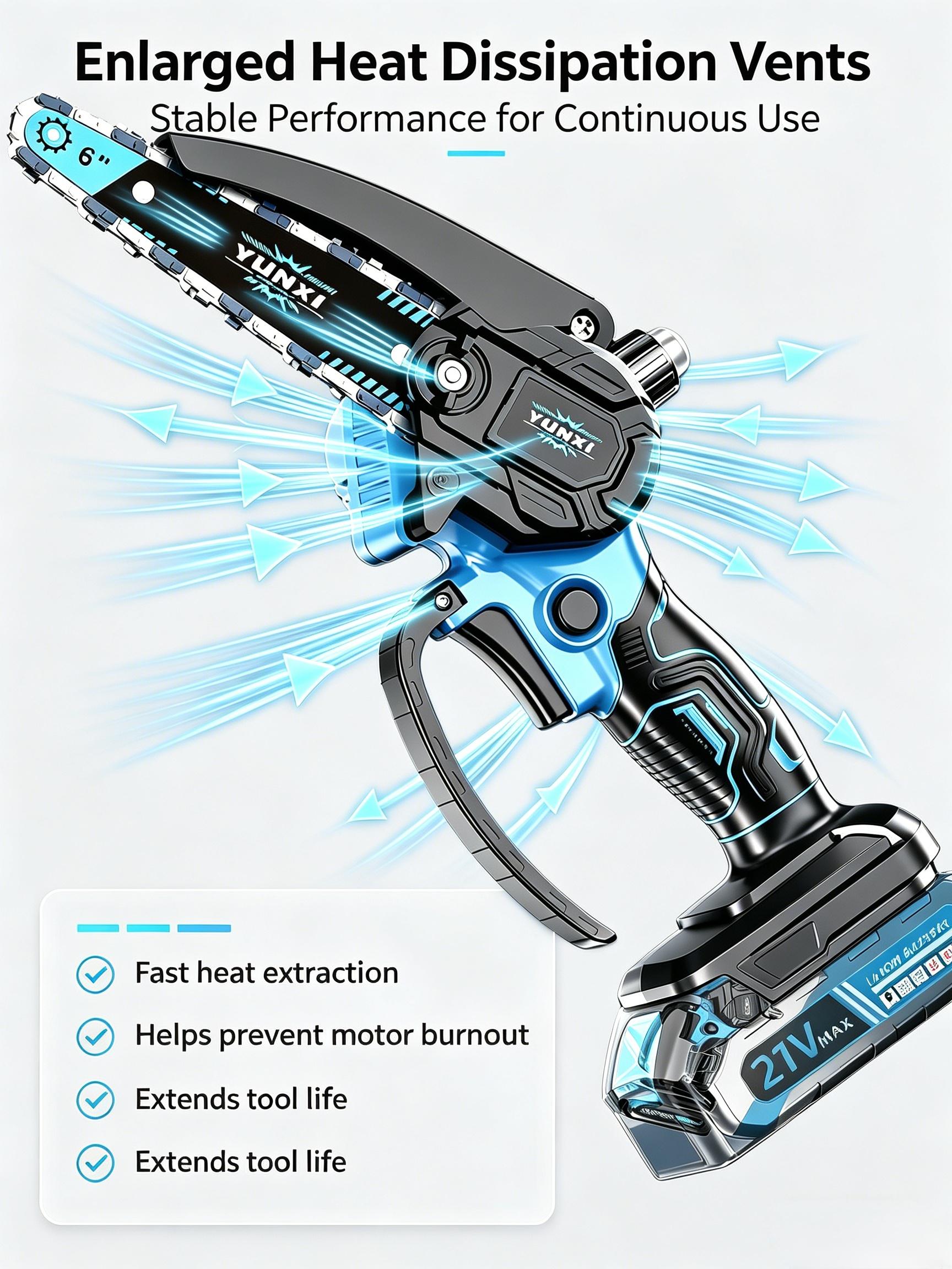 Yunxi 6-Inch Mini Cordless Chainsaw, 21V Max Rechargeable Lithium Battery Handheld Electric Saw with Safety Lock, Portable Lightweight 1-Hand Tool for Garden Yd Wood Cutting, Tree Branch Trimming