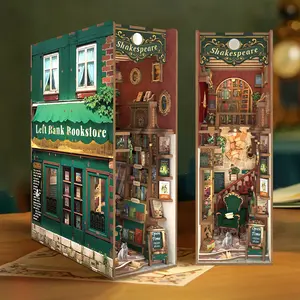 Tonecheer DIY Book Nook Kit for Adults, 3D Wooden Puzzle Bookend Bookshelf Insert Library Bookstore Model Decor, Booknook Miniature Dollhouse with Sensor LED Light for Gifts (Left Bank Bookstore)