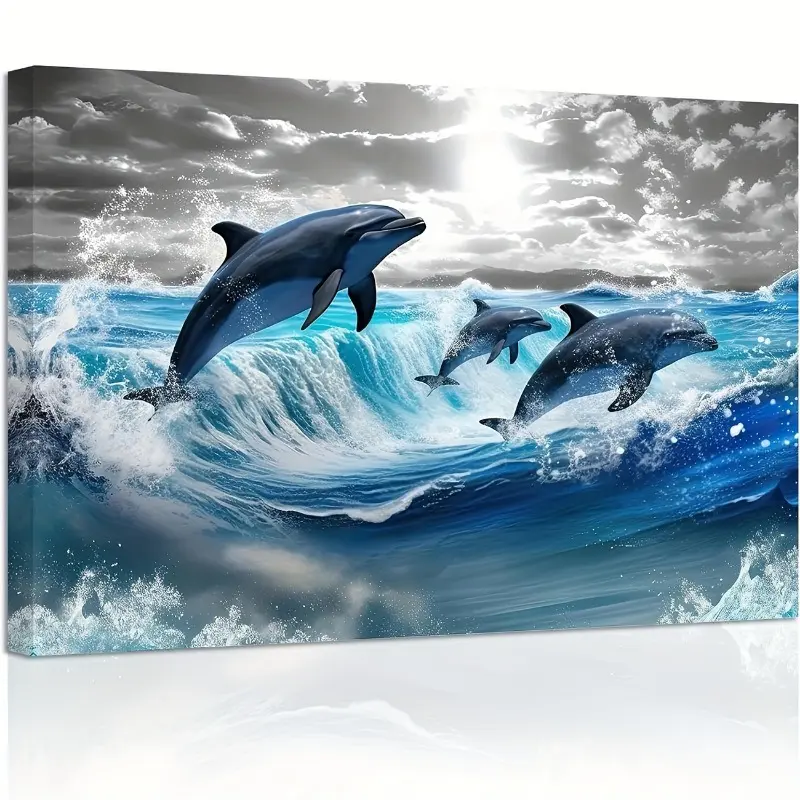 Dolphin Ocean Animal Canvas Wall Art-with a frame Print Poster for Bathroom,Kids Room,Nursery,Landscape Decor Decoration Photo Ornaments Artistic Bedroom