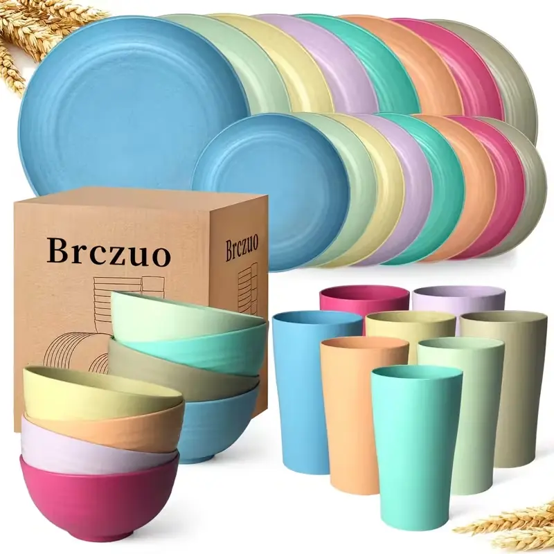 Brczuo 16/32pcs Kitchen Plastic Wheat Straw Tableware Set, 4/8 People, Plates, Dessert Plates, Cereal Bowls, Cups, Unbreakable Black Plastic Outdoor Camping Tableware, Kitchen Accessories, Black Wheat Straw Tableware, Halloween, Weddings