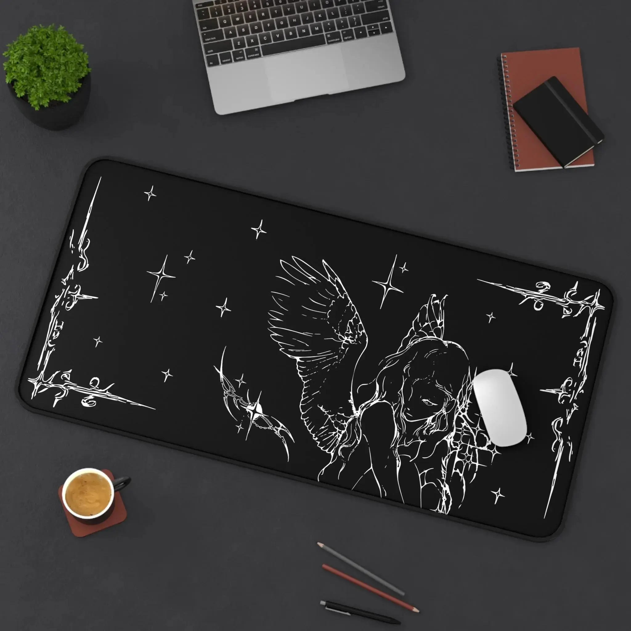 [SALE UP TO 45%] Cybersigilism Angel Stars Desk Mat, Mystical Futuristic Workspace Mouse Pad