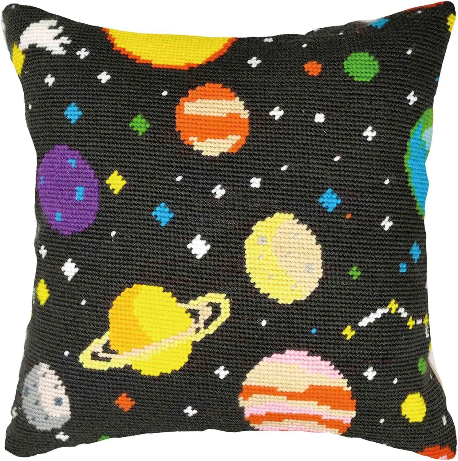 Needlepoint Pillow Fabric Kit - Cosmic Color Planets, for Whimsical Home Decor Use Cases (Room & House Settings Included)