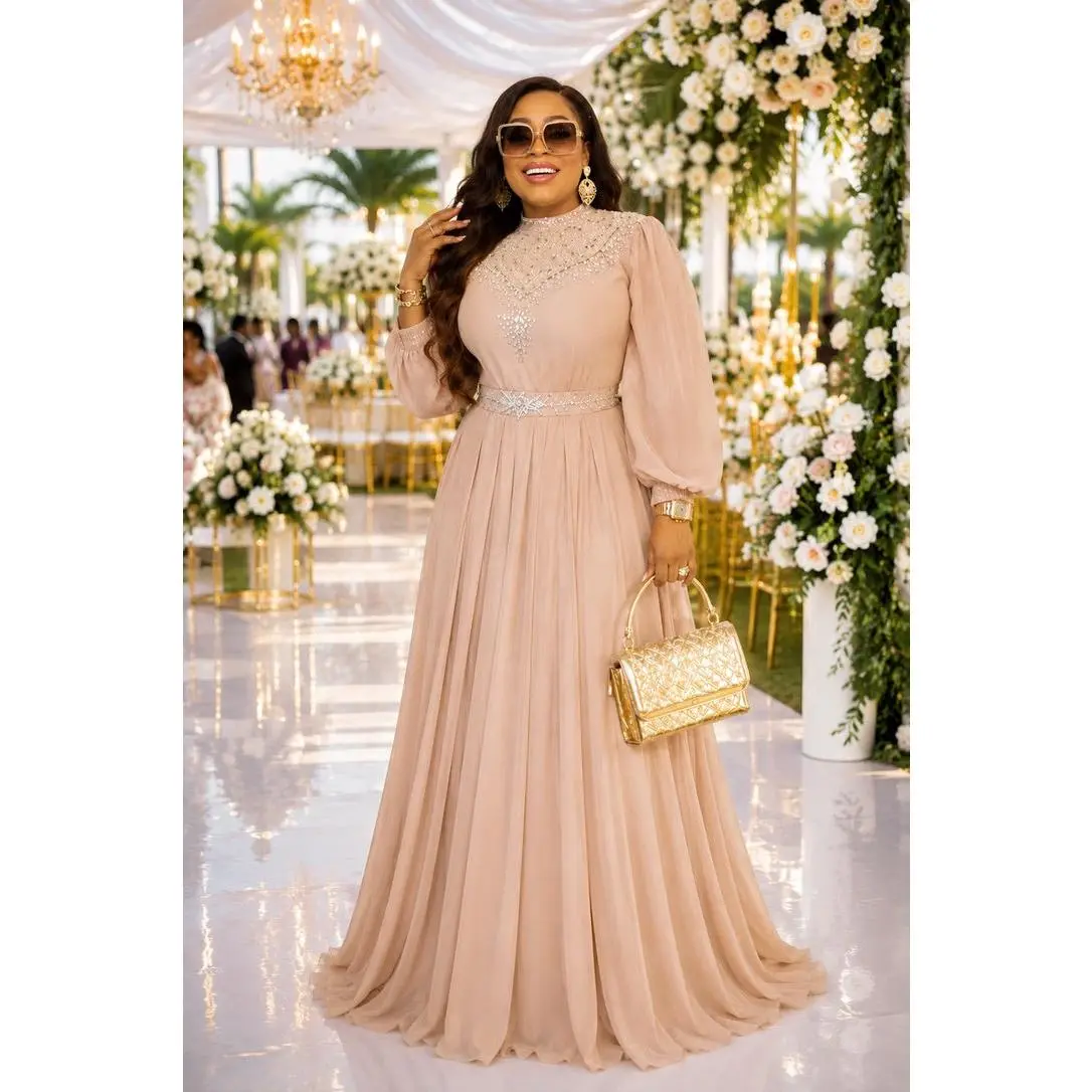 Taupe Rhinestone Embellished Maxi Dress for Wedding Cocktail Reception Birthday Turkish Formal Evening Gown