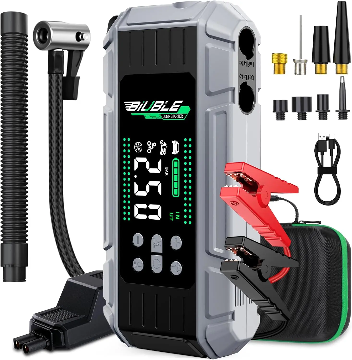 BIUBLE 7-in-1 Portable Car Jump Starter 10000A with 150PSI Tire Inflator, 12V Battery, Air Compressor, Blower, 65W Fast-Charging Laptop Power Bank & LCD Display – For All Gas, 12L Diesel Vehicles, Multi-Function Car Tool Kit Automotive Tool Kit Car Jack K