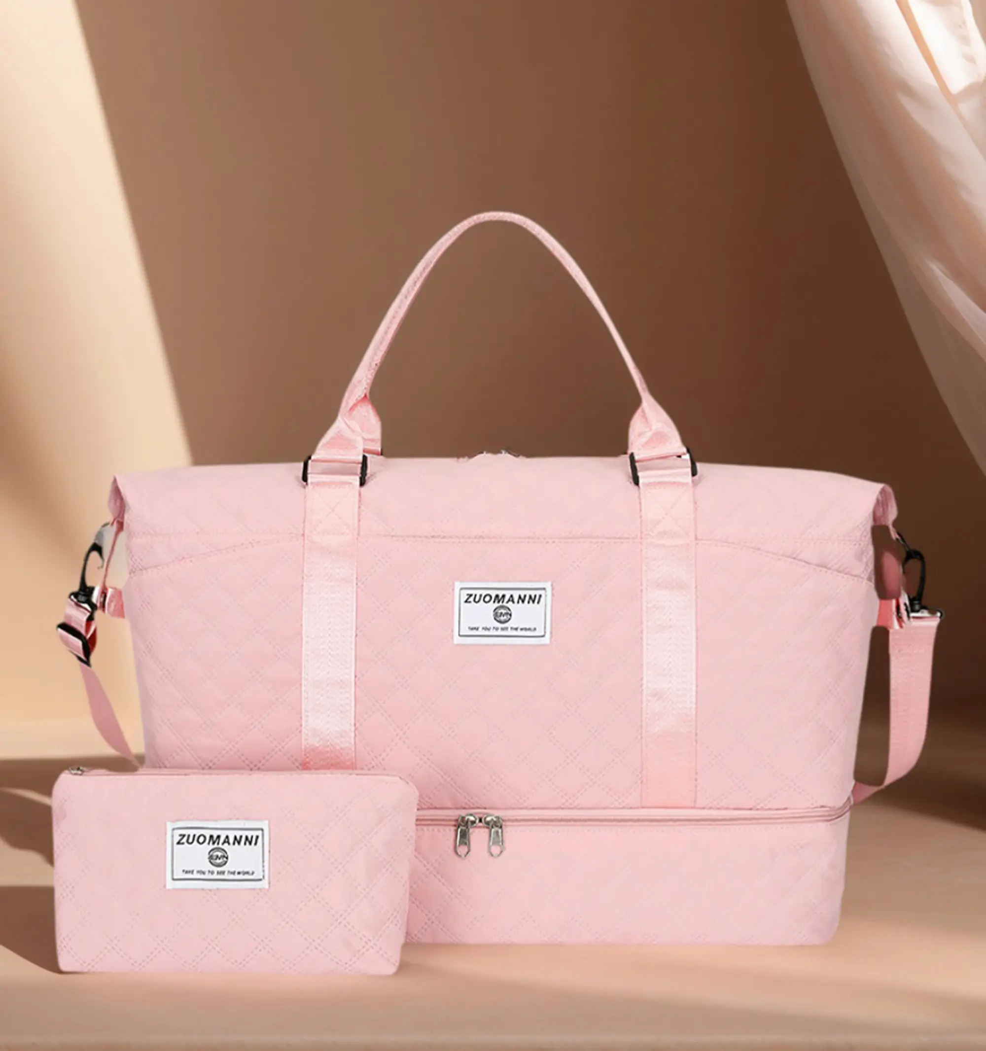 Sporty Chic Adults' Multicompartment Quilted Carry-On Luggage - Large Capacity Travel Gym Bag with Independent Shoe Compartment, Crossbody Weekend Bag, 2-Piece Set, Ideal for Valentine's Day, Ramadan, New Year Gifts
