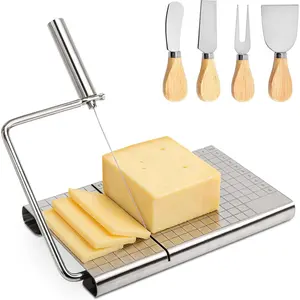 Cheese Slicer with 4 count Cheese  Set, Stainless Steel Cheese  with Measuring Grids,Tightness Adjustable Wire Cheese Slicer for Block Cheese, with 5 Extra Wires