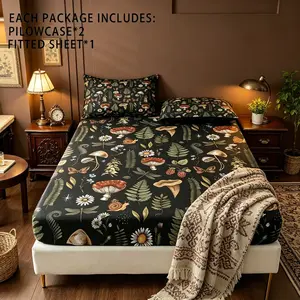 3pcs Polyester Forest Mushroom Print Fitted Sheet Set (1* Fitted Sheet + 2* Pillowcases, Core Not Included), Suitable For Bedrooms And Guest Rooms. Soft And Comfortable Bedding And Decor, Gifts For Family And Friends