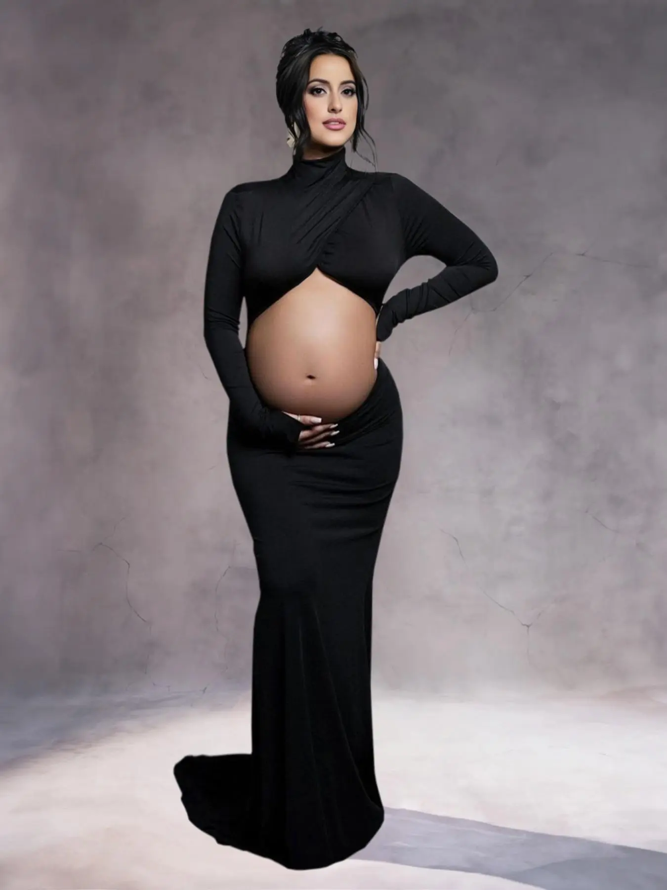 Maternity Solid High Neck Cut Out Long Sleeve Dress, Prenatal Maternity Clothing, Maternity Clothes for Photo Shoot, Maternity Dresses, Maternity Apparel, Pregnancy Clothing for Summer
