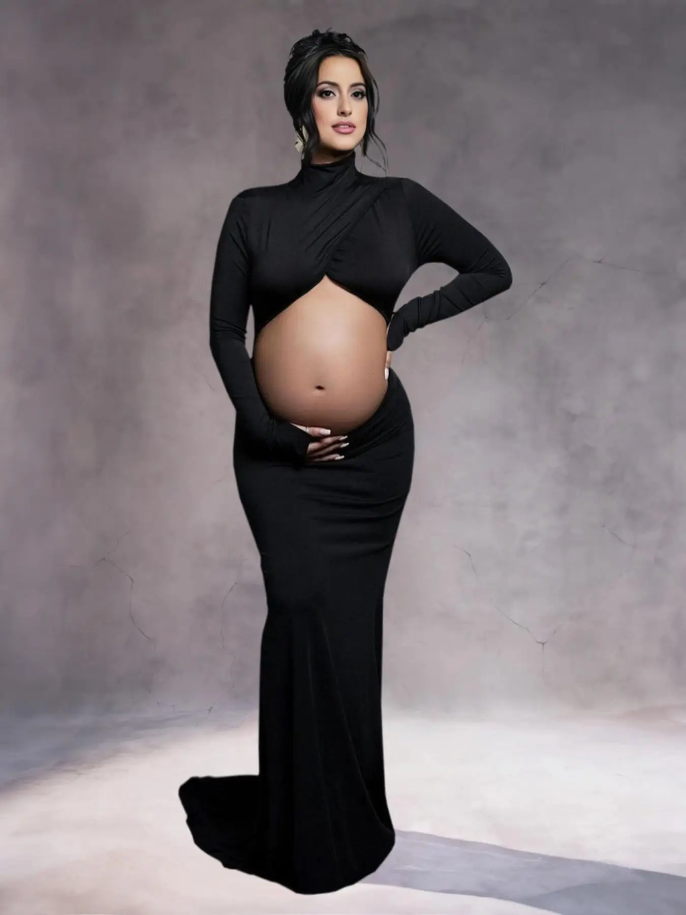 Maternity Solid High Neck Cut Out Long Sleeve Dress, Maternity Clothes for Photo Shoot, Pregnancy Clothing for Summer