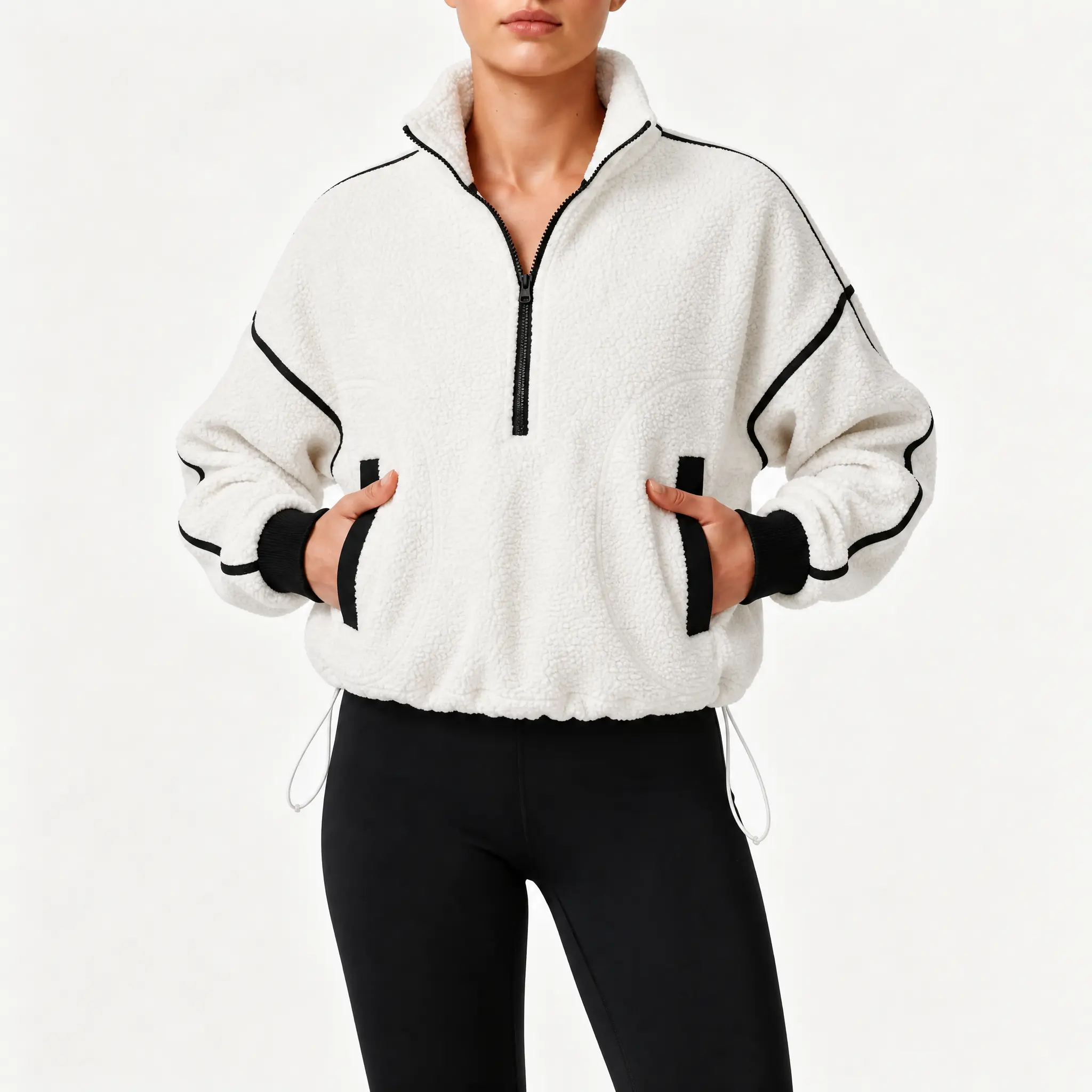 Yimoon Women's Cropped Sherpa Fleece Pullover Quarter Zip Mock Neck Long Sleeve Cozy Sweatshirt with Adjustable Drawstring Hem & Pockets