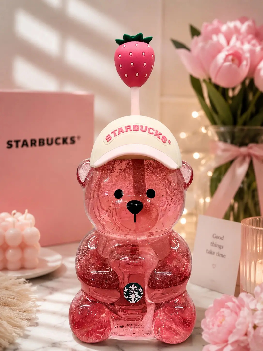 Starbucks Bearista Strawberry 20 oz Tumbler, Cute Pink Bear Cold Cup with Strawberry Straw, Adorable Seasonal Drinkware, Gift for Coffee Lovers