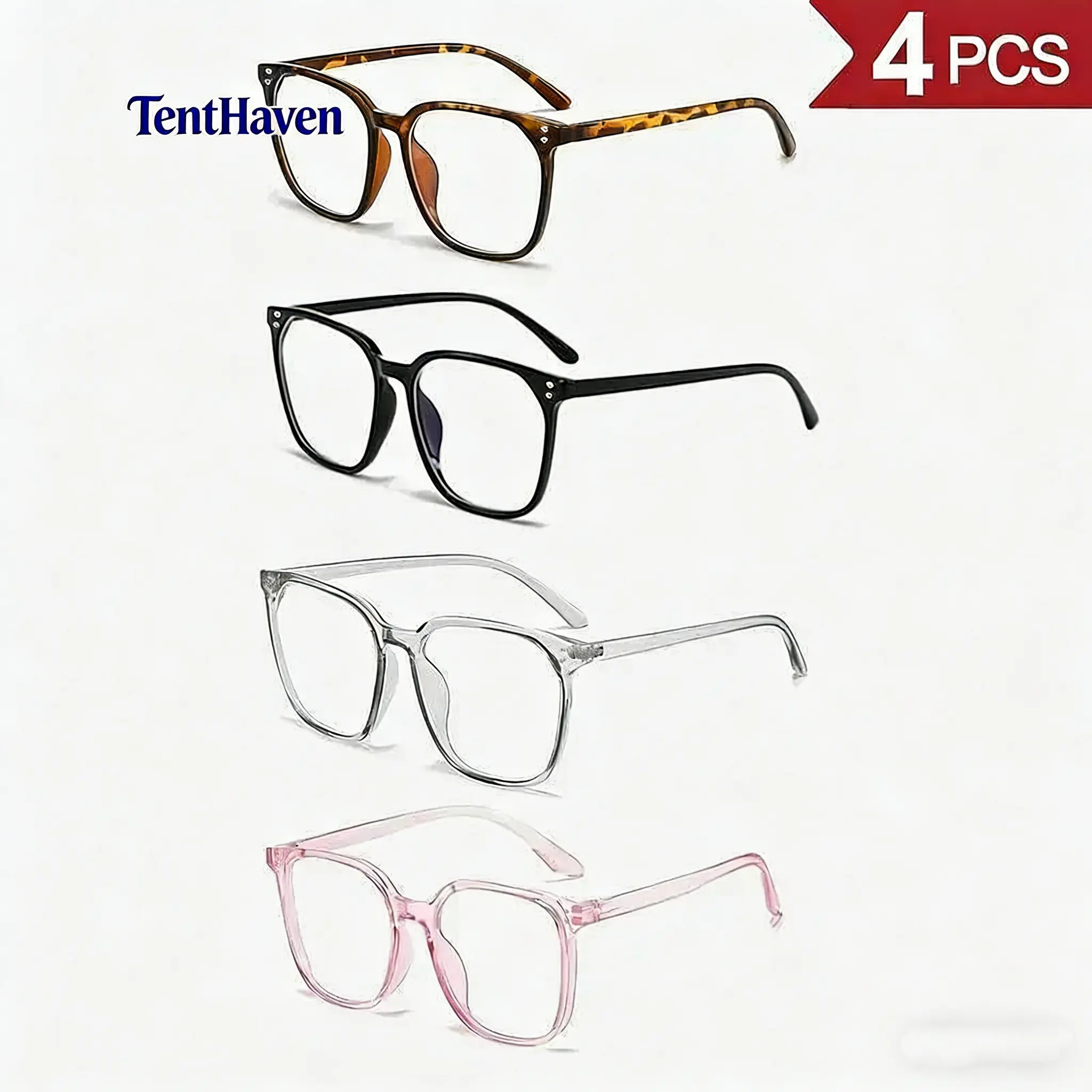 Women's 4-Pack Blue Light Blocking Frame Set Glasses - Small, Lightweight Frames, 4 Fashion Colors, Internet Celebrity Style, Windproof, No-Makeup Essential Leopard Pattern, Cycling & Leisure Outdoor Use, Small Glasses