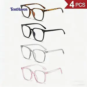 4-Pack Women's Blue Light Blocking Glasses, Anti-Round Face Eyewear Set with 4 Fashion Frame Colors, Internet Celebrity Style Windproof No-Makeup Essential Leopard Pattern Eyeglasses