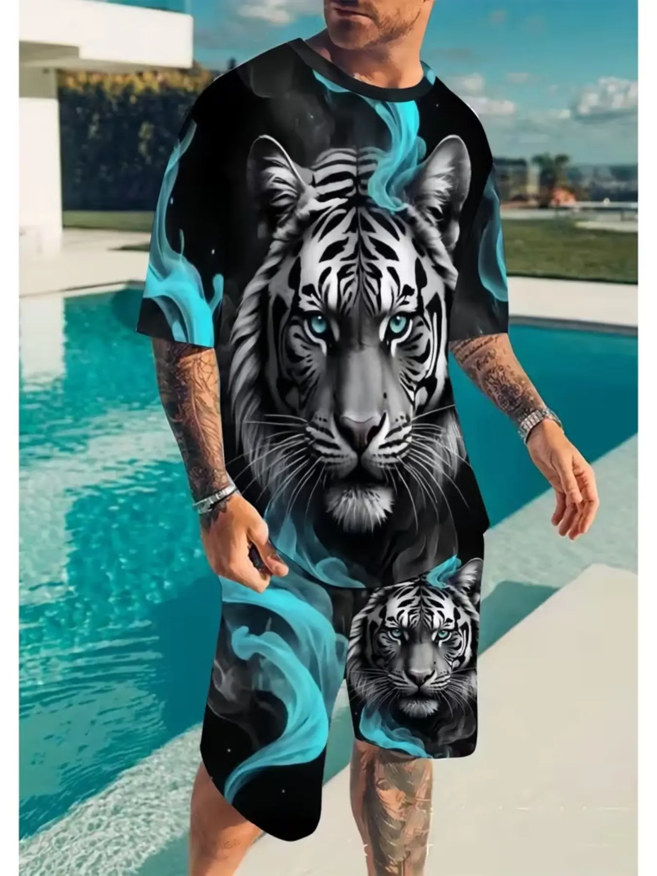 Men's 2-Piece Sportswear Set, Casual Street Style, Athleisure Summer Clothes, Base Blue Flame Tiger Head Pattern, Breathable Loose Fit, S-Xl Sizes