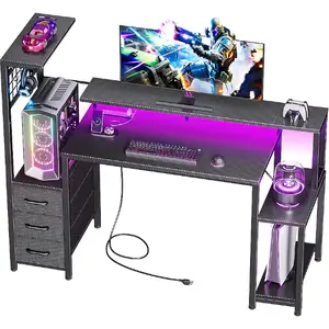 Furologee 55 Inch Gaming Desk with LED Lights and Power Outlets Computer Desk with Fabric Drawers and Side Hook Reversible Gamer Table with Monitor Stand for Game Room Home Office in Carbon Fiber Black