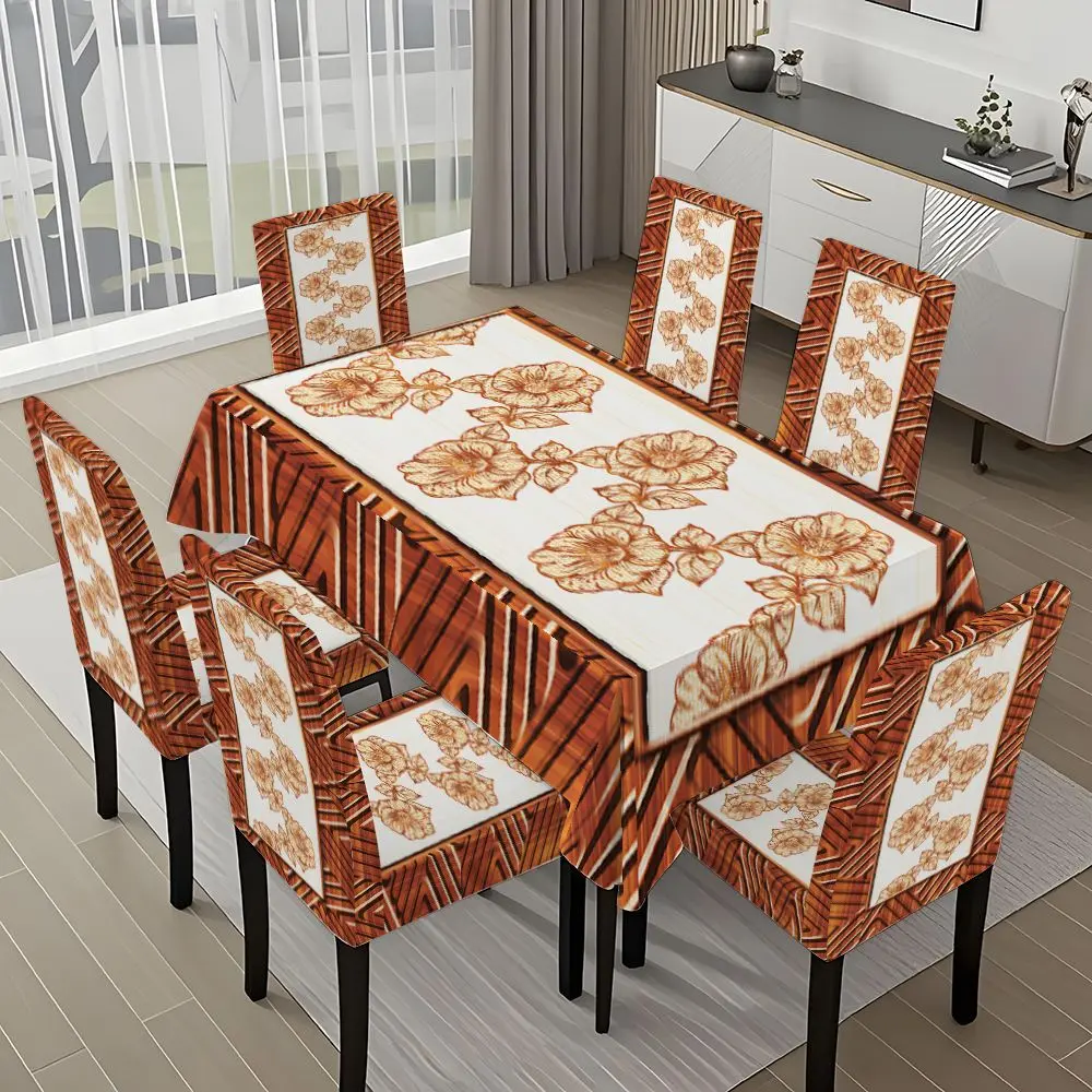 5/7-piece Printing Brown and White Flower Geometric Pattern Tablecloth, Dining Chair Slipcover Set, Chair Covers For Dining Chairs, for dining table and chair decoration, perfect for home, holiday gatherings, parties