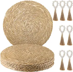 14Pcs Boho Handmade Woven Placemats Set, 13.8 Inch Round Natural Water Hyacinth Rattan Mats with Wooden Beads Napkin Rings, Heat & Slip Resistant Farmhouse Decor for Kitchen Dining Table, Halloween Christmas Thanksgiving Mother's Day Party Gifts