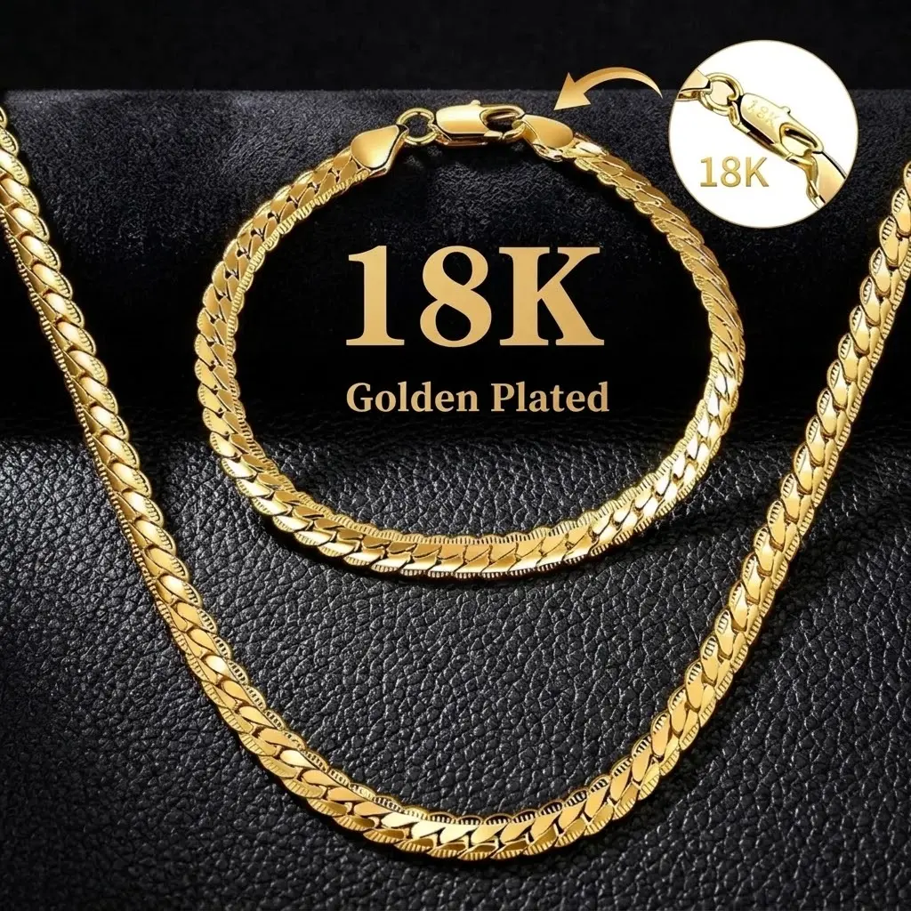 Mens 2Pcs 18K Gold Plated 5mm Flat Link Chain Necklace Set 20" 22" 24" Bracelet 8" Diamond Cut Waterproof Tarnish Free Daily Wear Boyfriend Gift