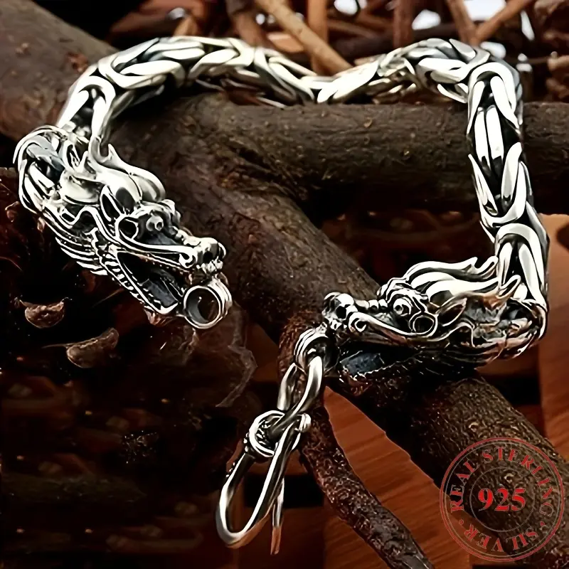 Bohemian style 925 silver double-headed dragon bracelet - Gothic punk dragon head pendant - 925 silver men's wristband