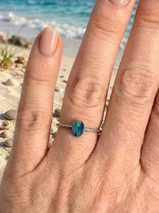 Australian Opal Doublet Ring Sterling Silver, Dainty Opal Stacking Ring, Diamond Cut Band Ring, Size 7.5, Blue Green Opal Ring