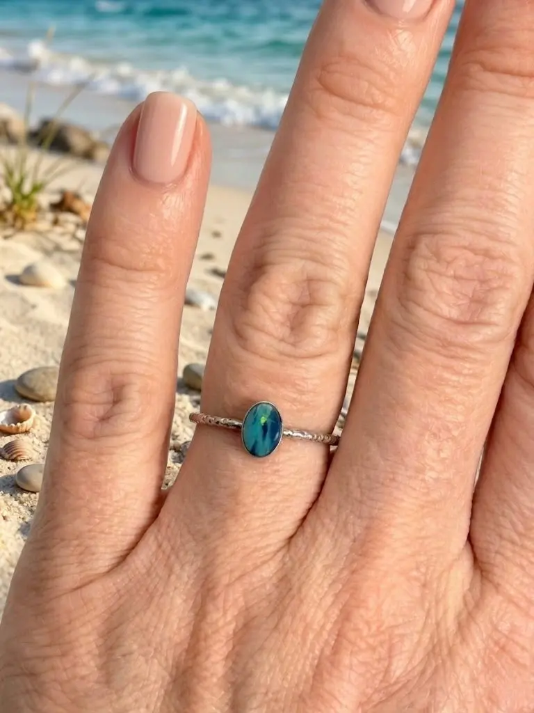 Australian Opal Doublet Ring Sterling Silver, Dainty Opal Stacking Ring, Diamond Cut Band Ring, Size 7.5, Blue Green Opal Ring