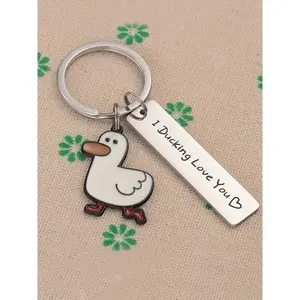 Cartoon Duck Round Keychain, Letter Print Car Keychain, Cute Sports & Outdoor Accessory for Duck Lovers, Ideal Gift for Men & Women