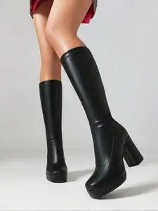 Women's French Style High Heel Waterproof Platform Boots, Fashionable Short Ankle Booties for Fall & Winter, New Square Toe Slim Fit Design, Winter Boot Shoes