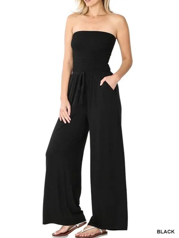 Kay's Kloset Shirred Smocked Tube Top Jumpsuit