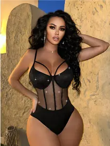 Zolique Sparkly Large Mesh Perspective Patchwork Bodysuit - Womenswear Top