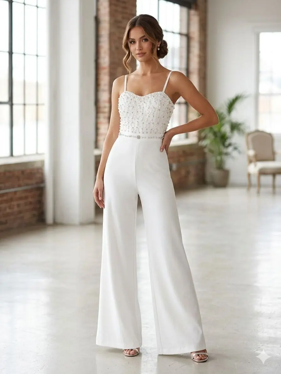 WENRY Women's Summer Sleeveless Overalls - Pearl & Rhinestone Accents, Woven Breathable Fabric, Fitted Slim-Fit, Adjustable Straps, Stylish Jumpsuit, Fashion, Style, Chic Sweet, Breathable Weave