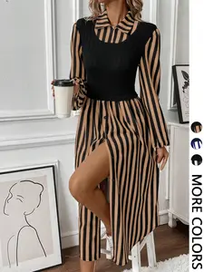 Women's Long Sleeve Striped Button Front Shirt Dress with Layered Design, Casual Spring & Fall Fashion, Elegant Chic Outfit