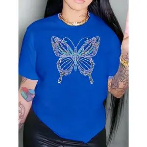 100% Cotton, Women's Short Sleeve Top with Rhinestone Butterfly Print, Round Neck, Machine Washable, Comfortable, Soft, Breathable, Suitable for Spring, Summer, and Autumn, Loose Casual Fashion Commuting Daily Simple Versatile Women's Top