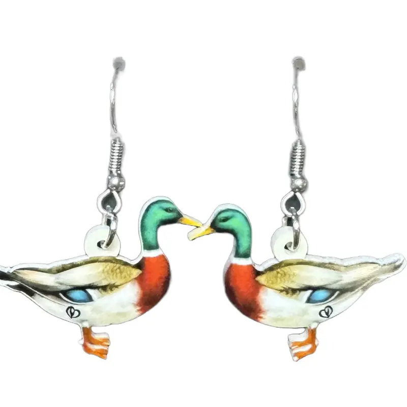 Mallard Duck Earrings - Detailed Design with Metal Clasp and Chain, Perfect for Personal Style and Comfort