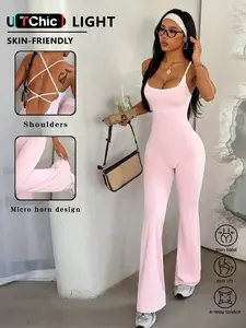Women's Yoga Sports Tank Top Bodysuit, Back Tie Design, Flared Leg, Butt Lifting, Waist Cinching, Quick-Dry, Breathable, Comfortable, Shaping Yoga Jumpsuit
