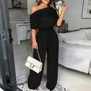 CHICME Women's Skew Neck Batwing Sleeve Jumpsuit Snatched High Waist Wide Leg Romper Elegant Work to Weekend Outfit with Pockets