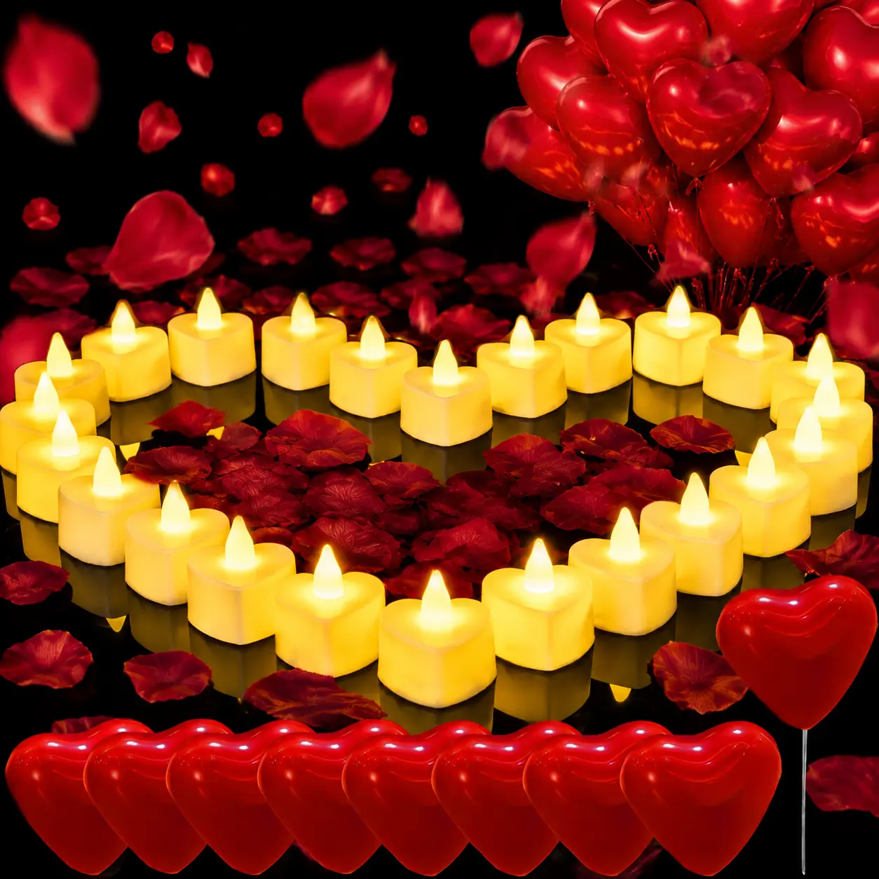 1000 Pieces Artificial Rose Petals, 30 red heart balloons & 24 flameless heart tea lights. A Romantic Night on Valentine's Day Romantic Decorations Special Night Set for Night, Valentine's Day,Mother’s Day,Wedding Anniversary or Table Décor