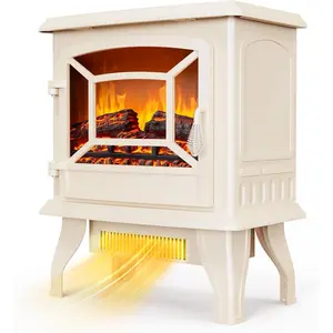 ROVSUN 1400W Electric Fireplace Stove Space Heater, Portable Freestanding with Thermostat, 3D Realistic Flame Effects, Overheat & Tip-Over Protections for Bedroom Living Room,White, CSA Approved