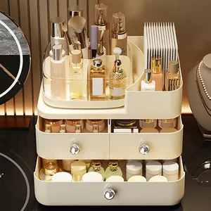3-Tier Large-Capacity Cosmetic Storage Box, Makeup Cosmetic Organizer, Drawer-Type Portable Perfume Organizer, Durable Plastic Design Suitable for Dresser, Bathroom and Desktop - Lipstick, Skincare Products, Metal Knob