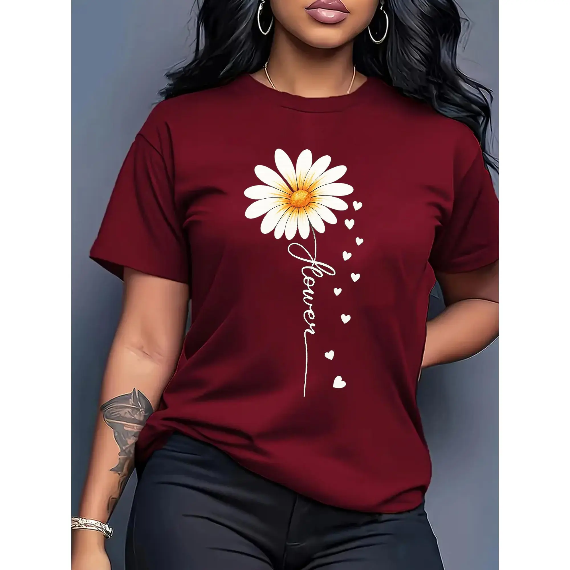 Women Casual Floral Print Top Round Neck, SpringSummer Fashion, Floral Print Blouse, White Daisy Floral Print, Nontransparent Fabric, Women'S Short Sleeve Round Neck Ombre Daisy & Butterfly Print Slight Stretch, Blusas Bonitas Para Mujeres