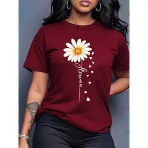 Women Casual Floral Print Top Round Neck, SpringSummer Fashion, Floral Print Blouse, White Daisy Floral Print, Nontransparent Fabric, Women'S Short Sleeve Round Neck Ombre Daisy & Butterfly Print Slight Stretch, Blusas Bonitas Para Mujeres
