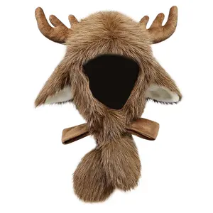 Deer Hat Faux Fur Elk Moose Antler Ear Hood Hat Winter Warm Ear Flaps Scarf Hats Set Cute Halloween Cosplay Costume