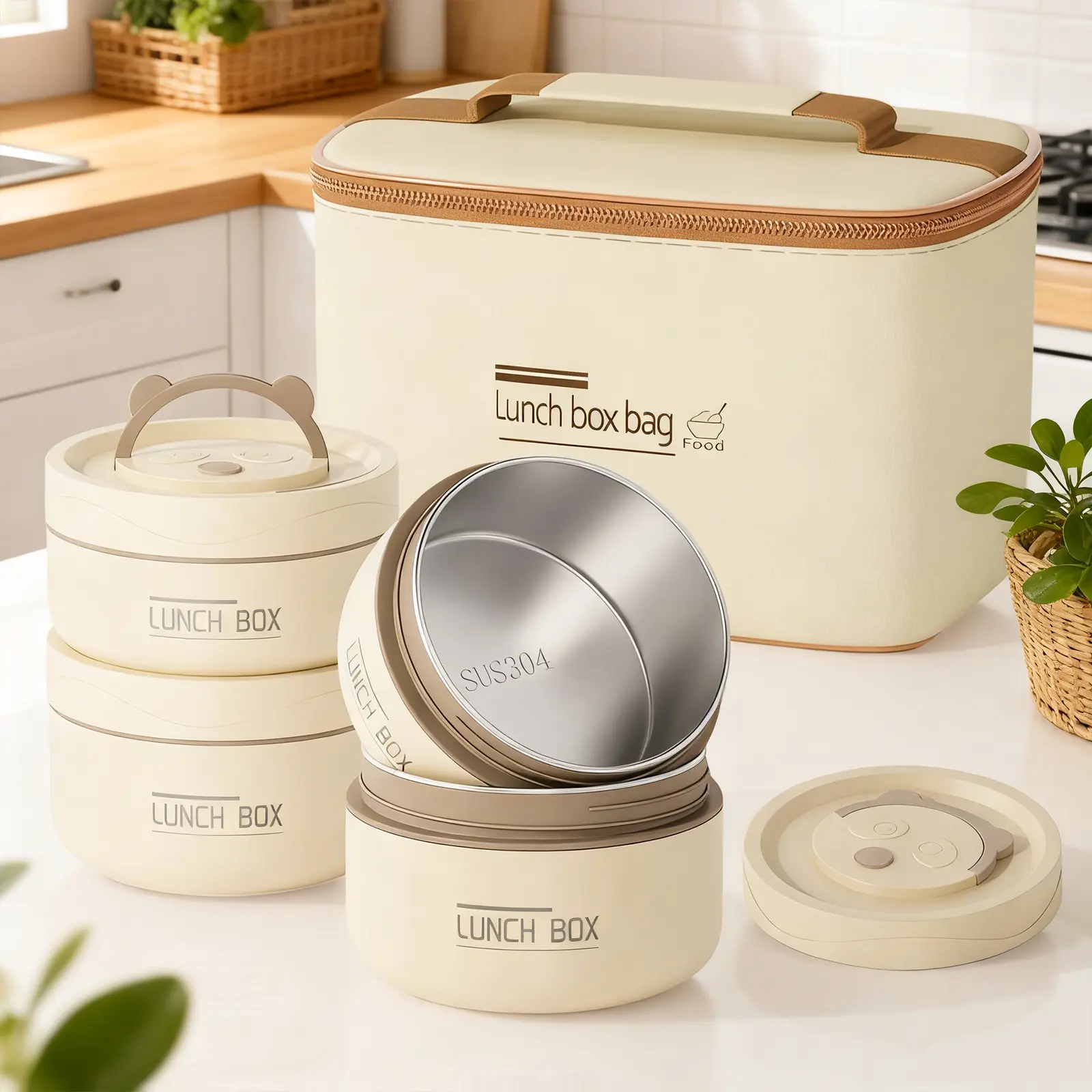 4-Piece Stylish Beige Insulated Lunch Box Set for Adults, Stackable Multi-Compartment Thermal Cooler, Microwave-Safe Stainless Steel, Portable Meal Prep Storage for School, Family Trips