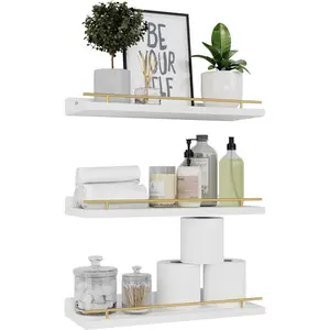 Floating Shelves with Gold Metal Guardrail, Shelves for Wall Decor Set of 3, Wall Shelves for Bedroom, Bathroom, Kitchen, Living Room, Plants, Picture Frames, Art- White and Gold