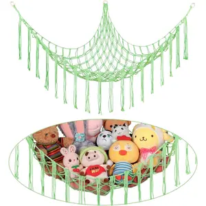New Upgrade Stuffed Animal Hammock Corner, Hand-knitted Large Plushie Net Toy Hammock with Wooden Rings | Boho Cute Stuff Animal Storage for Nursery & Bedroom | Mesh Kids Toy Organizer Holder Nursery Room Decor