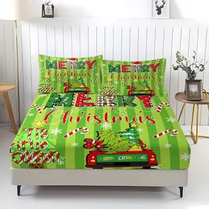 Merry Christmas patterned fitted sheet,bedroom decoration on Christmas Day,including 1 bed sheet and 2 pillowcases,Non slip Dust Cover Suitable for Bedroom and Guest Room,Suitable for Personal Use or Gift Giving