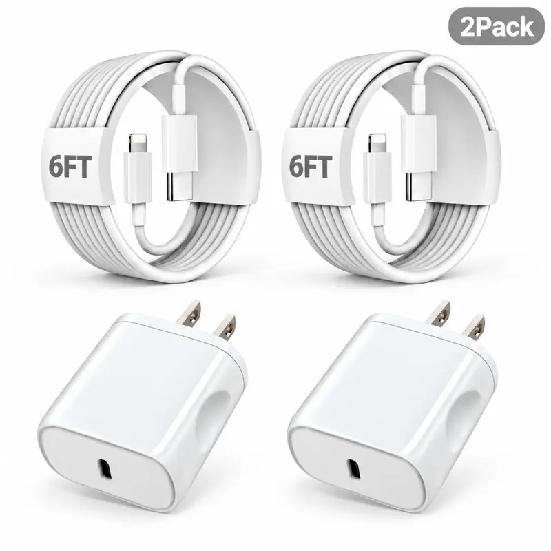SANPRIO 2-Pack Wired USB-C Mobile Wall Charger Adapter with 6FT USB-C to Lightning USB Cord - 3x Superfast Charging for iPhone 14/13/12/11 Pro Max,Mini,8, iPad,AirPods,Smartphone,Cellphone