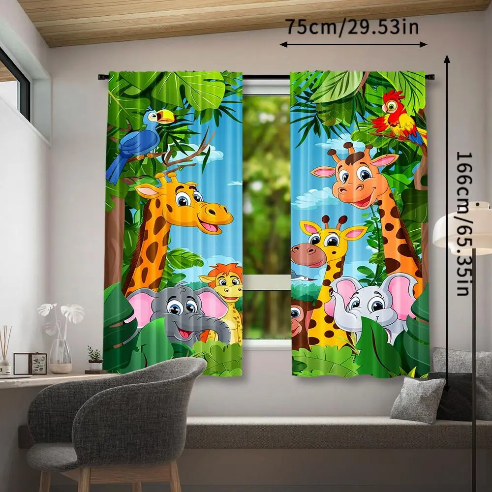 2pcs, Cartoon Safari Park Curtains, Happy Animal in The Jungle Theme Drapes, Rod Pocket Mount, Digital Printed Curtains, Polyester Material, Suitable for Living Room, Clothes Kitchen, Kitchen, Bedroom, Study, Dining Room, Home Decor 28*40IN/71*101CM