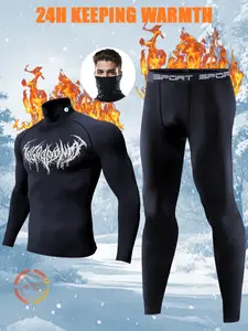 Men's High Neck Warm Stretchy Sports Underwear Set, Soft Breathable Thermal Top & Pants, Ideal for Winter Skiing Outdoor Activities Daily Sports Tight Leggings
