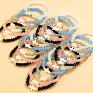 20pcs Mix Elegant Cross Glass Bead Bracelet Set, Multi-layer Elastic Wristband Accessories, Suitable for Daily Wear And Party Occasions